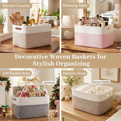 OIAHOMY 4 Pack Storage Basket, 13"x9"x7.8" Cotton Rope Baskets for Shelves, Closet Organizer for Bedroom & Living Room, Soft Decorative Bins for Organizing Towels, Books & Toys, Pink & White