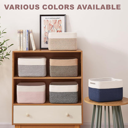 OIAHOMY 4 Pack Storage Basket, 13"x9"x7.8" Cotton Rope Baskets for Shelves, Closet Organizer for Bedroom & Living Room, Soft Decorative Bins for Organizing Towels, Books & Toys, Pink & White