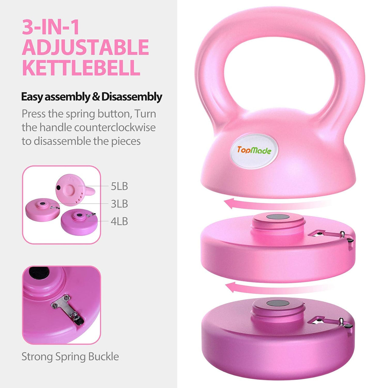 TopMade Adjustable Kettlebell Weights Set Cast Iron Exercise Fitness Kettle Ball Grip 5, 8, 9,12lb Free Weight Men Women Kettlebells for Home Gym Workout Ballistic, Core,Strength Training
