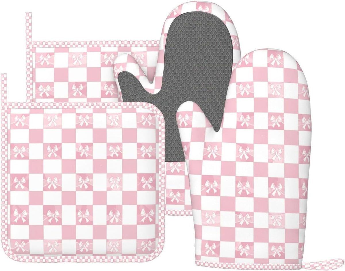 Oven Mitts and Pot Holders Pink Check Bow Pattern Silicone Kitchen Accessories Set of 4 Heat Resistant Long Gloves Potholder Non-Slip Grip for Chef Cooking Baking Grilling BBQ