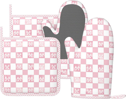 Oven Mitts and Pot Holders Pink Check Bow Pattern Silicone Kitchen Accessories Set of 4 Heat Resistant Long Gloves Potholder Non-Slip Grip for Chef Cooking Baking Grilling BBQ