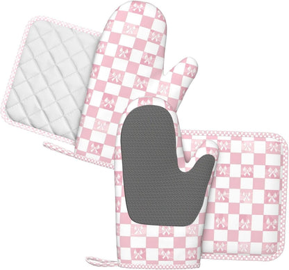 Oven Mitts and Pot Holders Pink Check Bow Pattern Silicone Kitchen Accessories Set of 4 Heat Resistant Long Gloves Potholder Non-Slip Grip for Chef Cooking Baking Grilling BBQ
