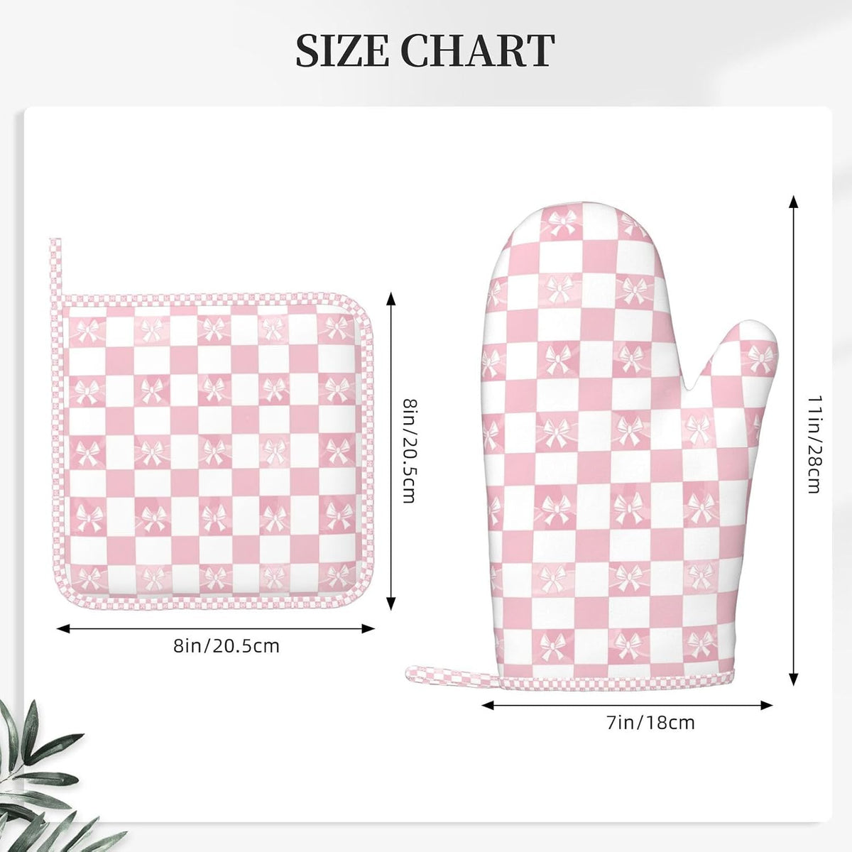 Oven Mitts and Pot Holders Pink Check Bow Pattern Silicone Kitchen Accessories Set of 4 Heat Resistant Long Gloves Potholder Non-Slip Grip for Chef Cooking Baking Grilling BBQ