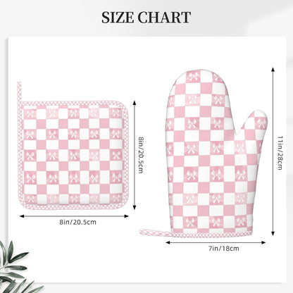 Oven Mitts and Pot Holders Pink Check Bow Pattern Silicone Kitchen Accessories Set of 4 Heat Resistant Long Gloves Potholder Non-Slip Grip for Chef Cooking Baking Grilling BBQ