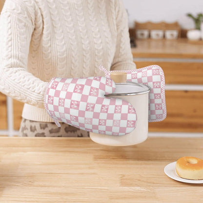 Oven Mitts and Pot Holders Pink Check Bow Pattern Silicone Kitchen Accessories Set of 4 Heat Resistant Long Gloves Potholder Non-Slip Grip for Chef Cooking Baking Grilling BBQ