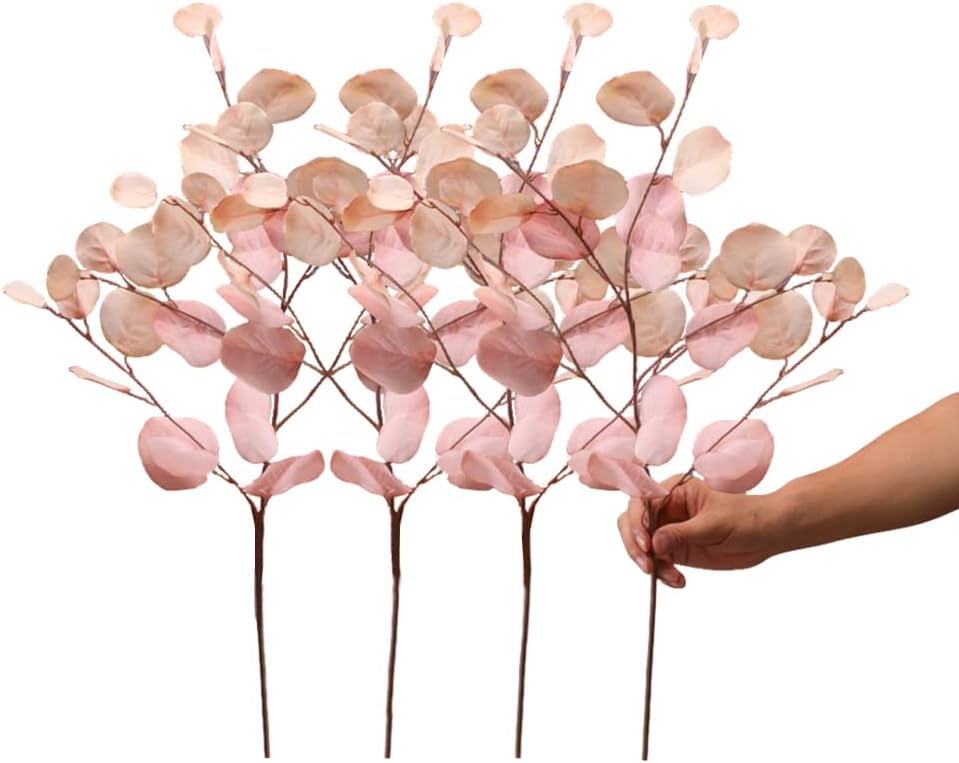 4 Pcs Fall Flowers Artificial for Decoration 34'' Faux Eucalyptus Stems Leaves Long Stem Eucalyptus Branches Fake Eucalyptus Silk Fall Leaves for Home Wedding Festival Party Decor (Pink)