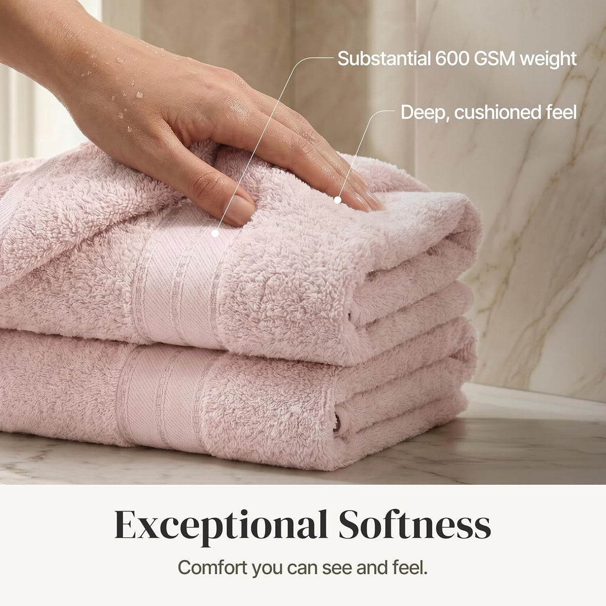 Spun Loft 6 Piece Bath Towel Set – 2 Bath Towels, 2 Hand Towels & 2 Washcloths – 100% Cotton, 600 GSM, Plush, Soft & Absorbent (Blush)