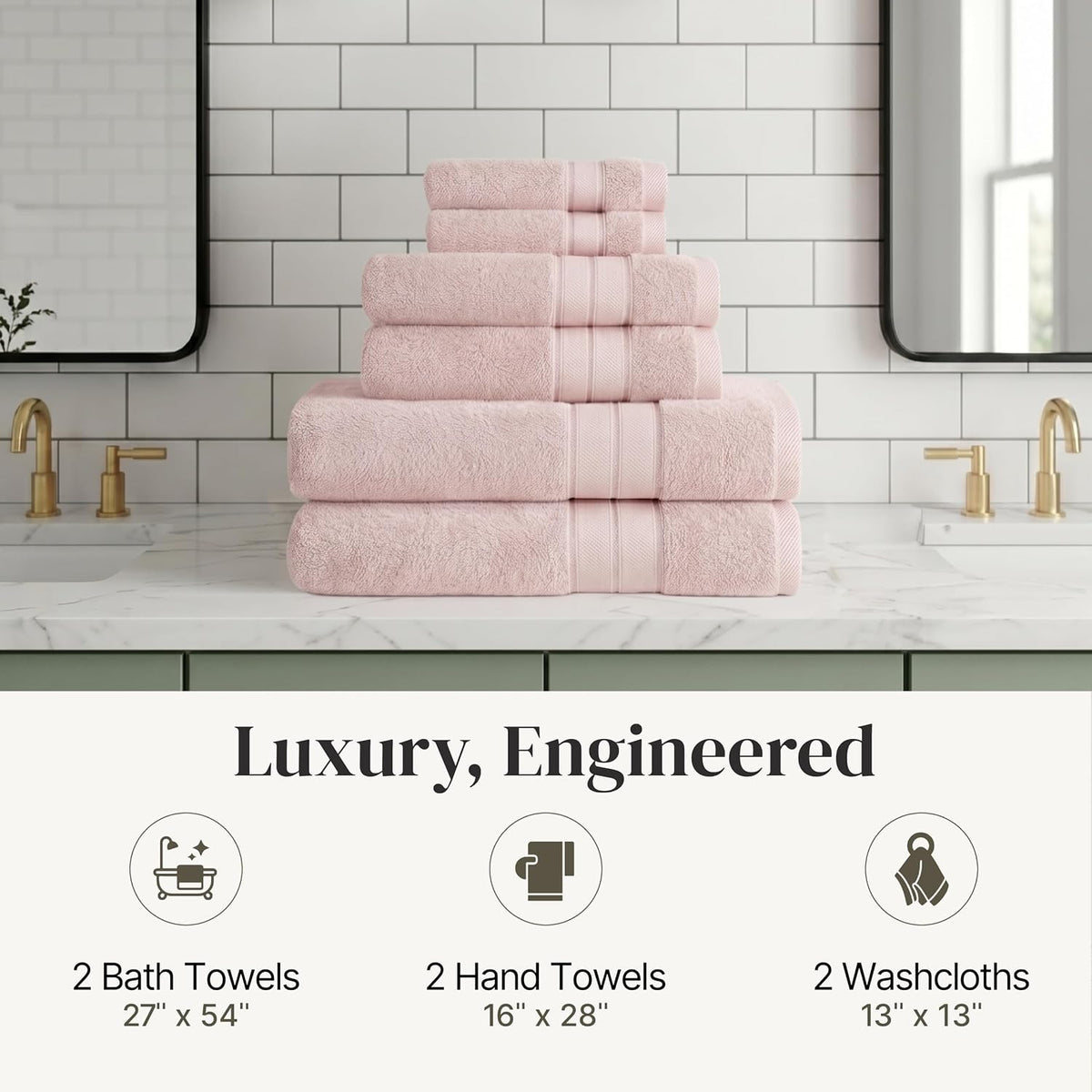 Spun Loft 6 Piece Bath Towel Set – 2 Bath Towels, 2 Hand Towels & 2 Washcloths – 100% Cotton, 600 GSM, Plush, Soft & Absorbent (Blush)