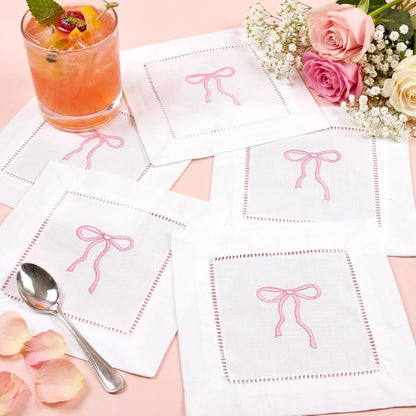 Embroidered White Linen Cocktail Napkin 6x6 inch Pink Bow Napkin Gift for Women Set of 6 Cloth Cocktail Washable Linen Hemstitch for Wedding,Birthday Bachelorette Pink Bow Themed Party