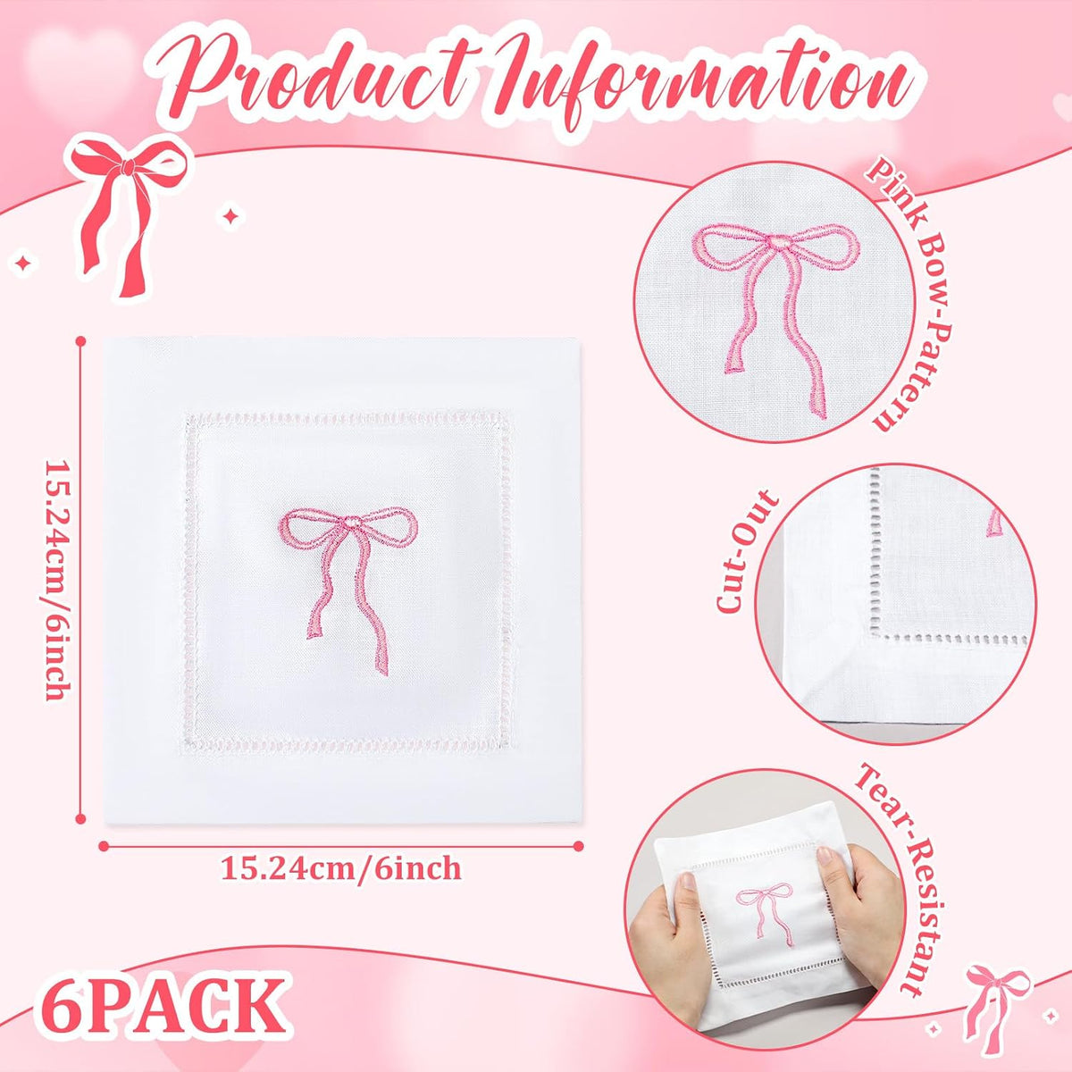 Embroidered White Linen Cocktail Napkin 6x6 inch Pink Bow Napkin Gift for Women Set of 6 Cloth Cocktail Washable Linen Hemstitch for Wedding,Birthday Bachelorette Pink Bow Themed Party