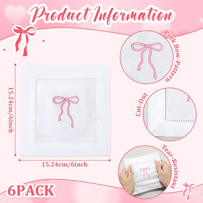 Embroidered White Linen Cocktail Napkin 6x6 inch Pink Bow Napkin Gift for Women Set of 6 Cloth Cocktail Washable Linen Hemstitch for Wedding,Birthday Bachelorette Pink Bow Themed Party