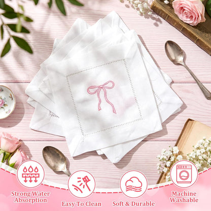 Embroidered White Linen Cocktail Napkin 6x6 inch Pink Bow Napkin Gift for Women Set of 6 Cloth Cocktail Washable Linen Hemstitch for Wedding,Birthday Bachelorette Pink Bow Themed Party