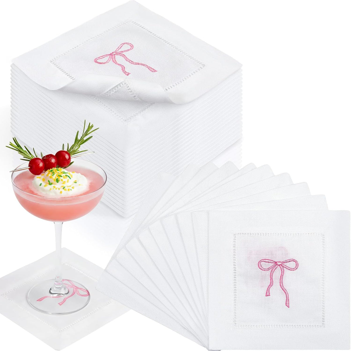 Embroidered White Linen Cocktail Napkin 6x6 inch Pink Bow Napkin Gift for Women Set of 6 Cloth Cocktail Washable Linen Hemstitch for Wedding,Birthday Bachelorette Pink Bow Themed Party