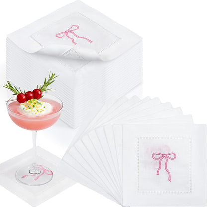 Embroidered White Linen Cocktail Napkin 6x6 inch Pink Bow Napkin Gift for Women Set of 6 Cloth Cocktail Washable Linen Hemstitch for Wedding,Birthday Bachelorette Pink Bow Themed Party