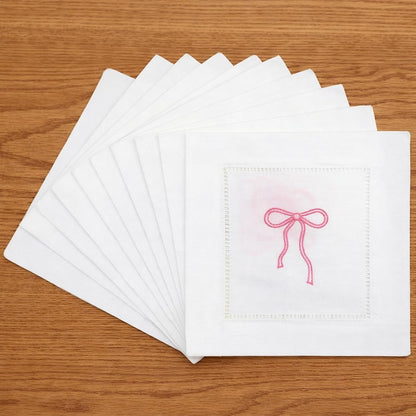 Embroidered White Linen Cocktail Napkin 6x6 inch Pink Bow Napkin Gift for Women Set of 6 Cloth Cocktail Washable Linen Hemstitch for Wedding,Birthday Bachelorette Pink Bow Themed Party