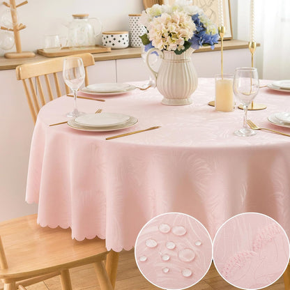 Round Tablecloth 80 Inch Fabric Table Cloth Leaves Pattern Scalloped Edge Silky Soft Tablecloth Waterproof Washable Table Cover Dinning Party Banquet Decoration (Pink)