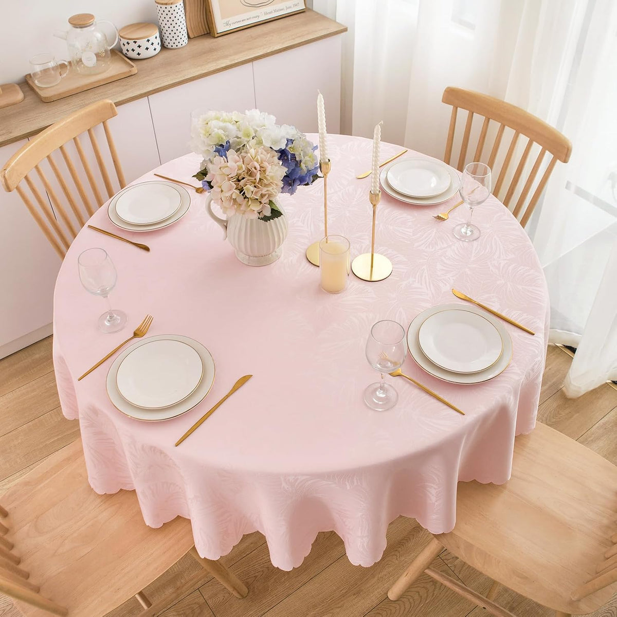 Round Tablecloth 80 Inch Fabric Table Cloth Leaves Pattern Scalloped Edge Silky Soft Tablecloth Waterproof Washable Table Cover Dinning Party Banquet Decoration (Pink)