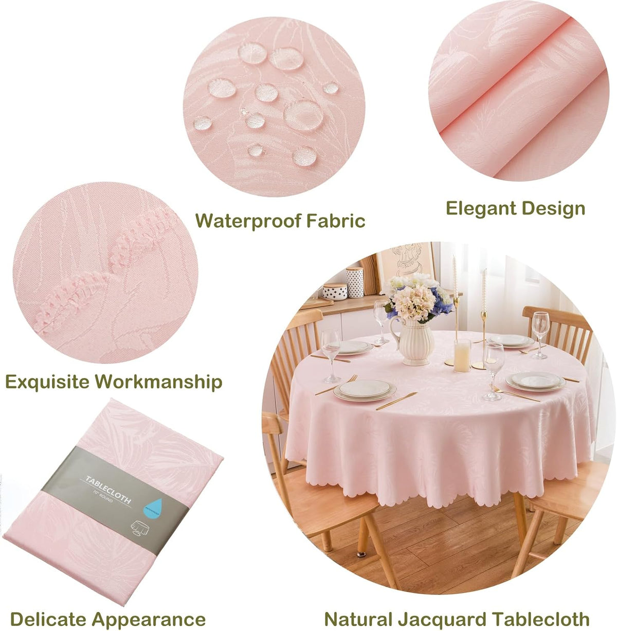 Round Tablecloth 80 Inch Fabric Table Cloth Leaves Pattern Scalloped Edge Silky Soft Tablecloth Waterproof Washable Table Cover Dinning Party Banquet Decoration (Pink)