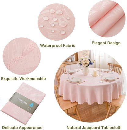 Round Tablecloth 80 Inch Fabric Table Cloth Leaves Pattern Scalloped Edge Silky Soft Tablecloth Waterproof Washable Table Cover Dinning Party Banquet Decoration (Pink)
