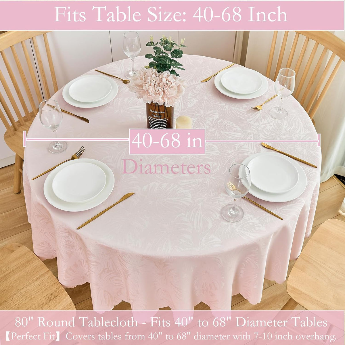Round Tablecloth 80 Inch Fabric Table Cloth Leaves Pattern Scalloped Edge Silky Soft Tablecloth Waterproof Washable Table Cover Dinning Party Banquet Decoration (Pink)