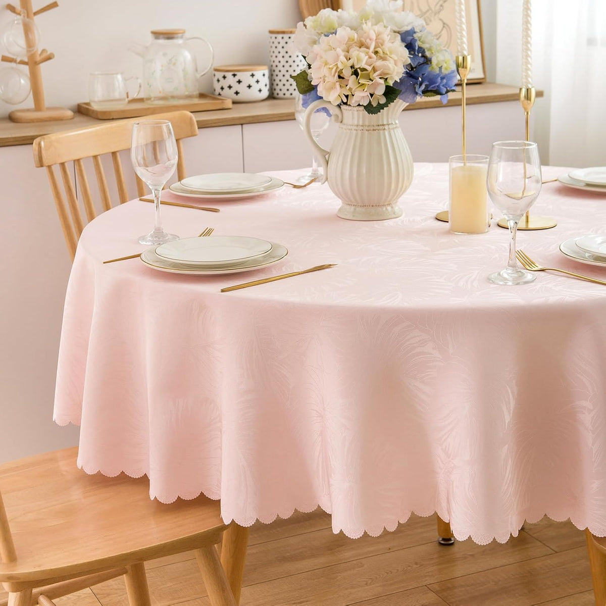 Round Tablecloth 80 Inch Fabric Table Cloth Leaves Pattern Scalloped Edge Silky Soft Tablecloth Waterproof Washable Table Cover Dinning Party Banquet Decoration (Pink)