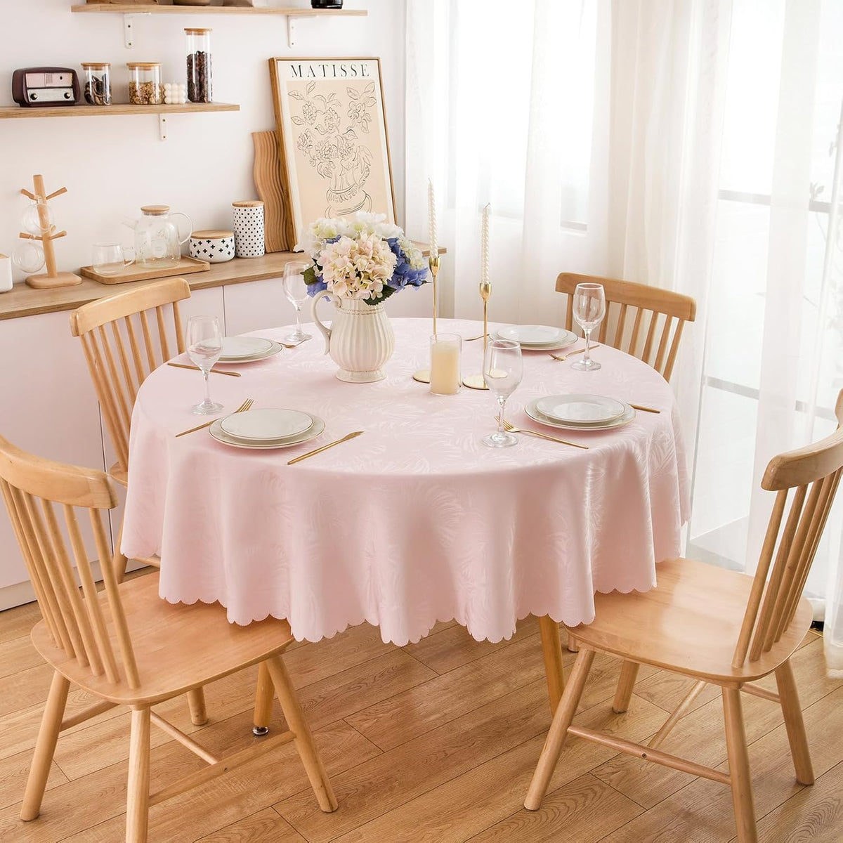 Round Tablecloth 80 Inch Fabric Table Cloth Leaves Pattern Scalloped Edge Silky Soft Tablecloth Waterproof Washable Table Cover Dinning Party Banquet Decoration (Pink)