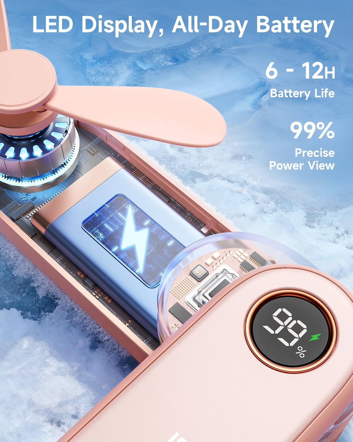 Portable Handheld Mini Fan with LED Display, 3-in-1 Personal Foldable USB Rechargeable Hand Held Fan & Flashlight for Travel, Lash Eyelash, Cute Small Pocket for Women, Girls
