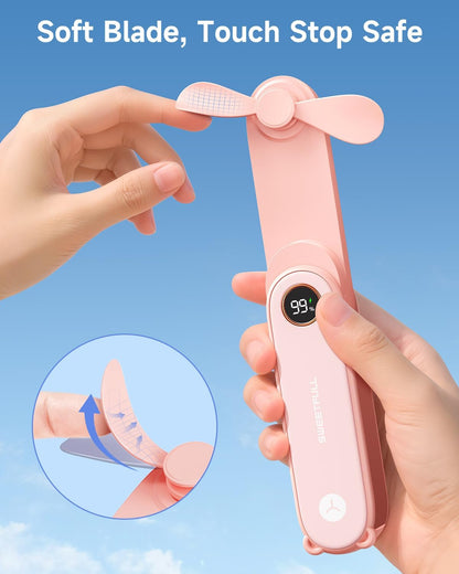 Portable Handheld Mini Fan with LED Display, 3-in-1 Personal Foldable USB Rechargeable Hand Held Fan & Flashlight for Travel, Lash Eyelash, Cute Small Pocket for Women, Girls