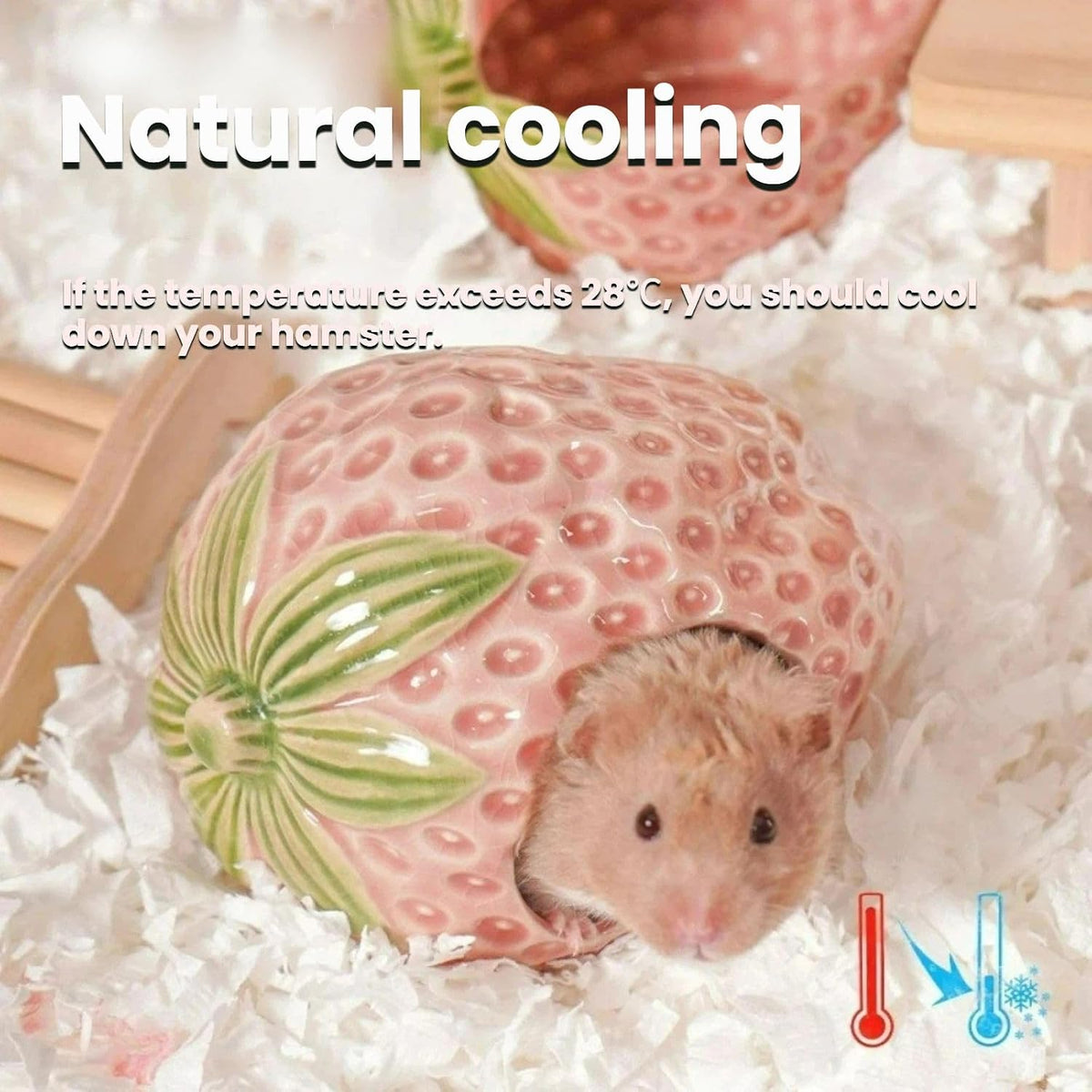 Strawberry Ceramic Hamster Hideout, Summer Cool Cave for Small Pets, Chew Resistant & Easy Clean Hamster House, Decorative Hideaway for Syrian Dwarf Hamsters, Mice (Strawberry - Pink)
