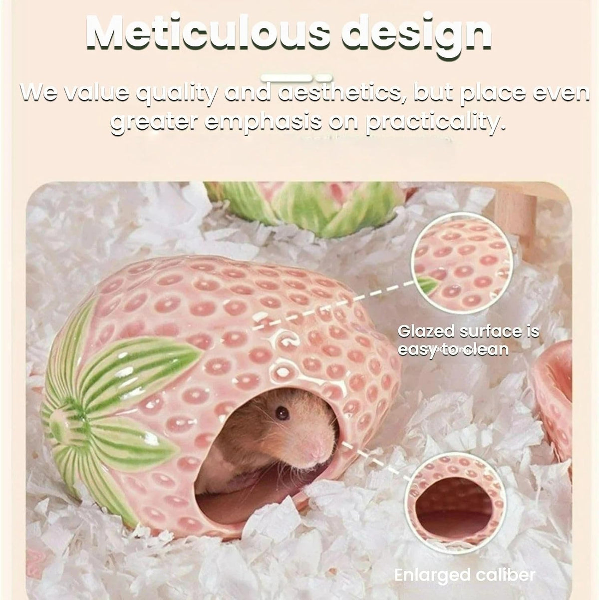 Strawberry Ceramic Hamster Hideout, Summer Cool Cave for Small Pets, Chew Resistant & Easy Clean Hamster House, Decorative Hideaway for Syrian Dwarf Hamsters, Mice (Strawberry - Pink)