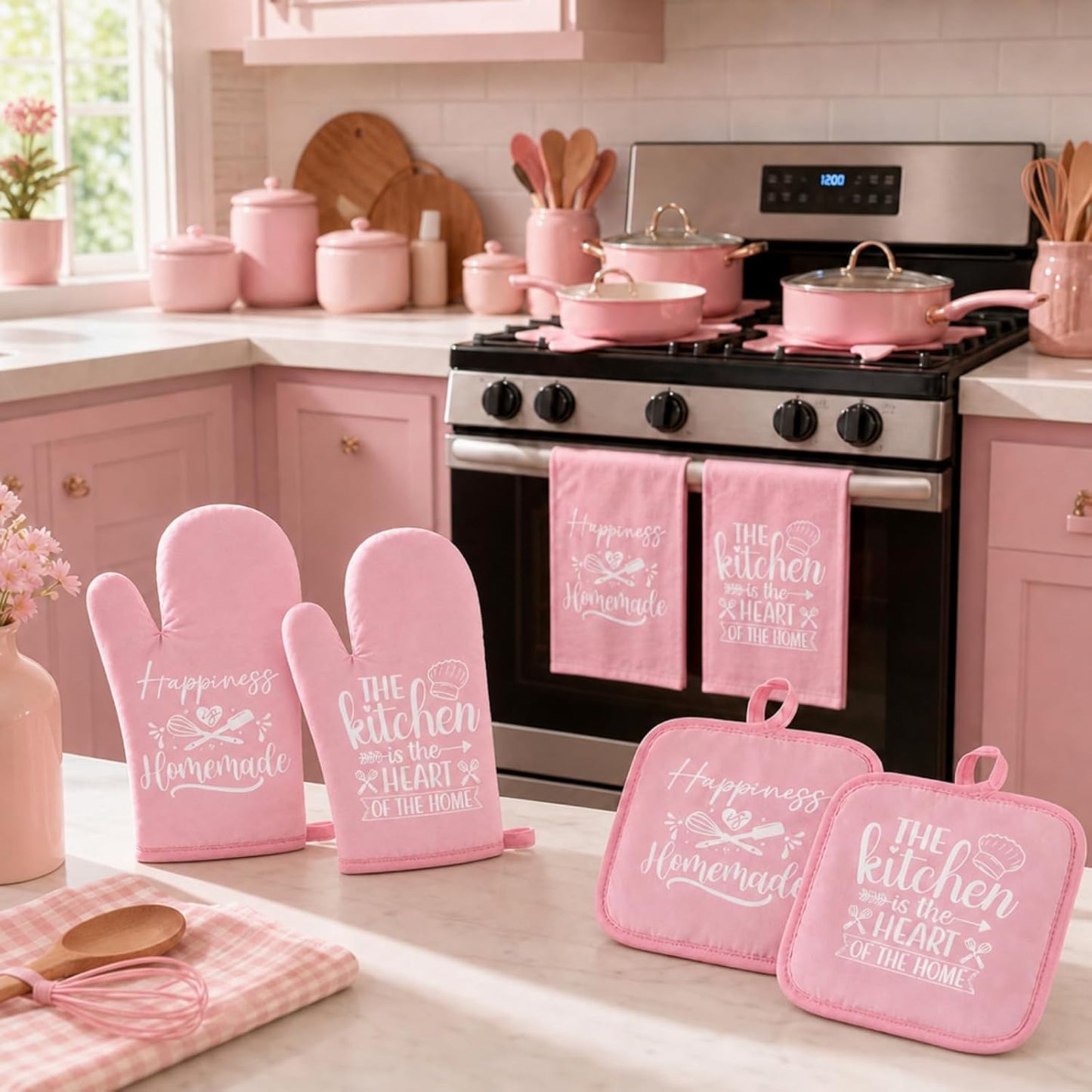 6 Pcs Pink Kitchen Decor Accessories Set Cute Farmhouse Towels Pot Holders Oven Mitts Set 2 Dish Towels 2 Potholders 2 Cooking Mittens for Baking Cooking House Supply(Pink, Kitchen)