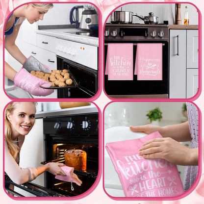 6 Pcs Pink Kitchen Decor Accessories Set Cute Farmhouse Towels Pot Holders Oven Mitts Set 2 Dish Towels 2 Potholders 2 Cooking Mittens for Baking Cooking House Supply(Pink, Kitchen)