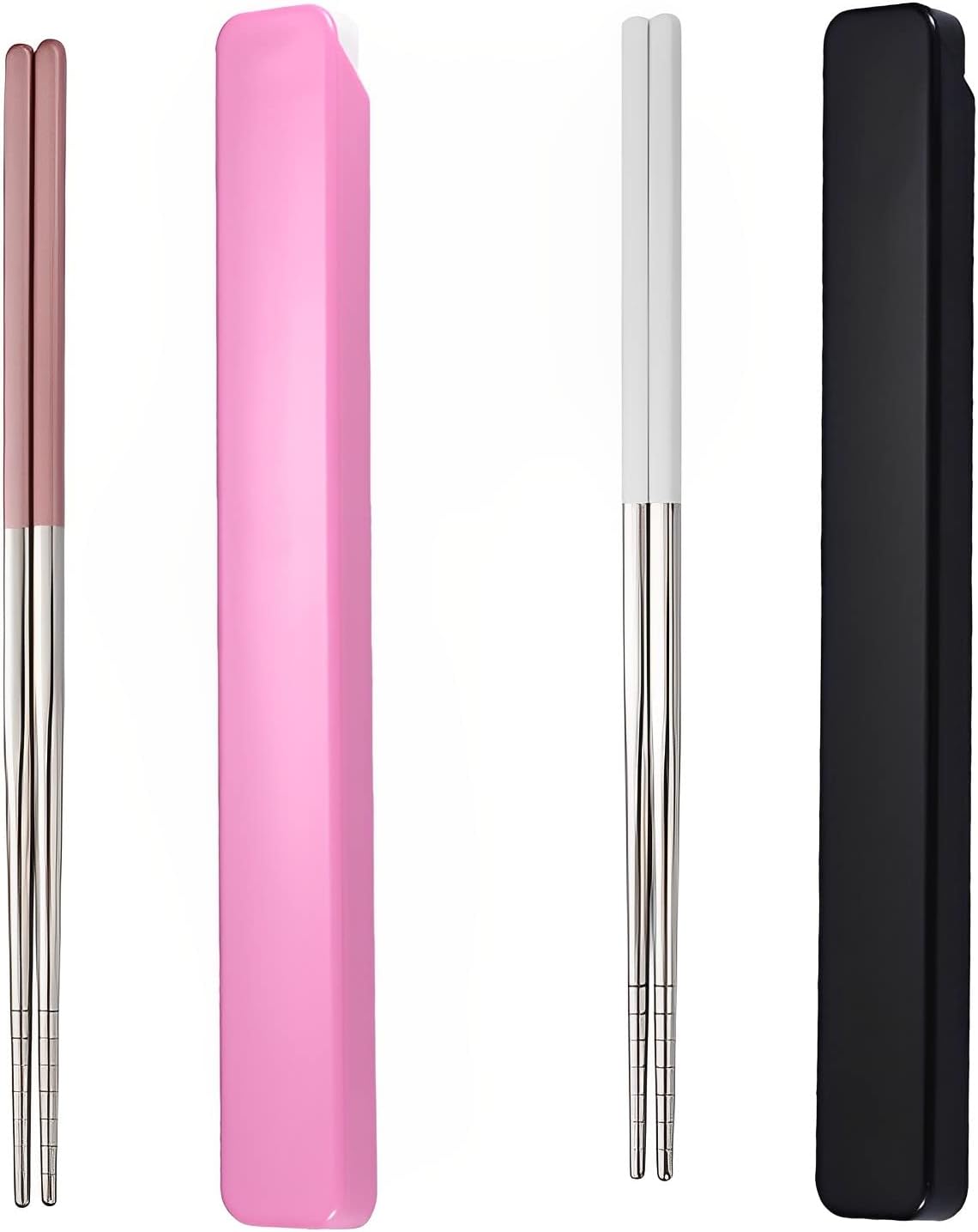Pink Chopsticks Reusable Portable SUS304 Stainless Steel, White Pink,9‘’