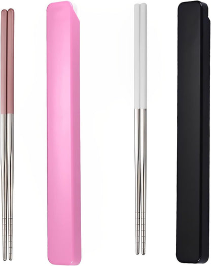 Pink Chopsticks Reusable Portable SUS304 Stainless Steel, White Pink,9‘’