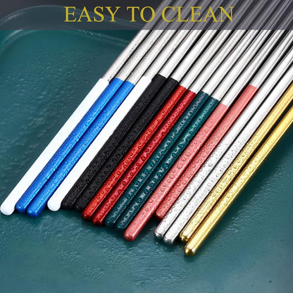 Pink Chopsticks Reusable Portable SUS304 Stainless Steel, White Pink,9‘’