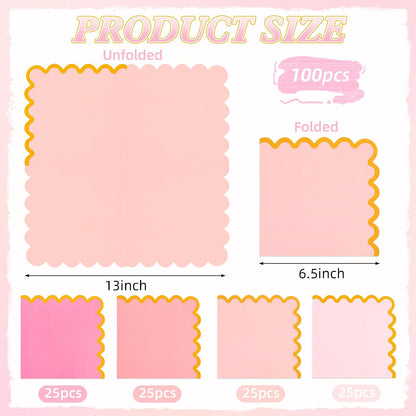 100 Pcs Gradient Pink Scalloped Disposable Paper Napkins 6.5in