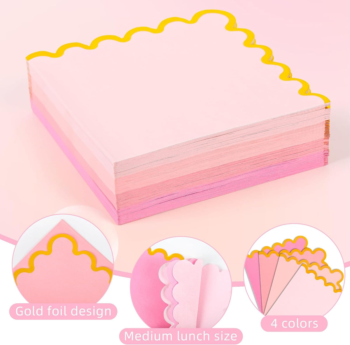 100 Pcs Gradient Pink Scalloped Disposable Paper Napkins 6.5in