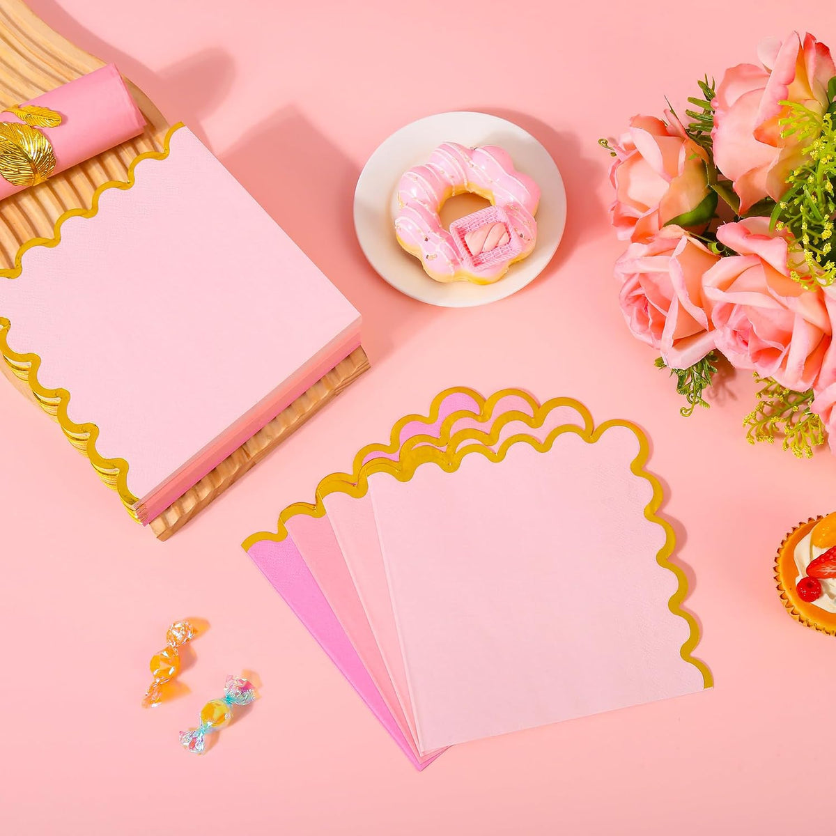 100 Pcs Gradient Pink Scalloped Disposable Paper Napkins 6.5in