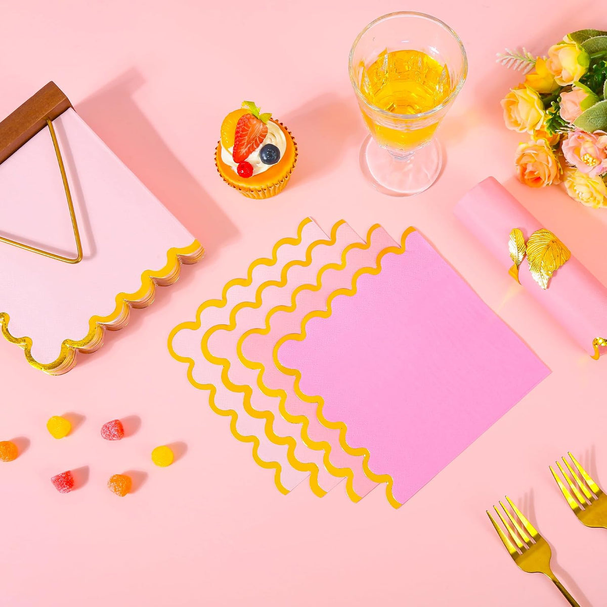 100 Pcs Gradient Pink Scalloped Disposable Paper Napkins 6.5in