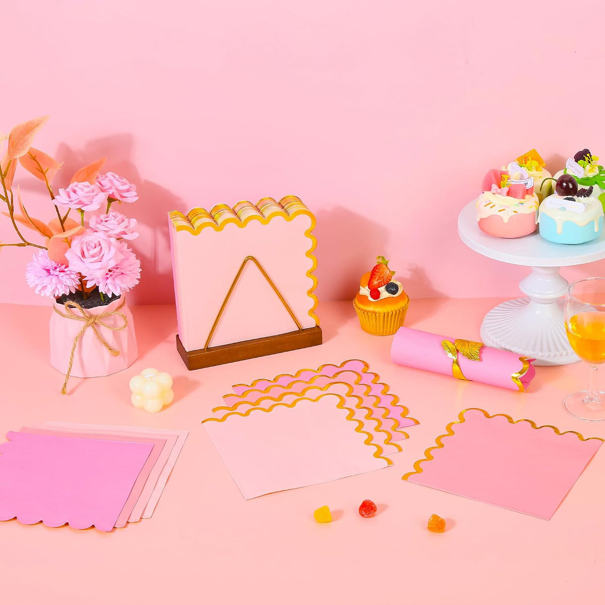 100 Pcs Gradient Pink Scalloped Disposable Paper Napkins 6.5in