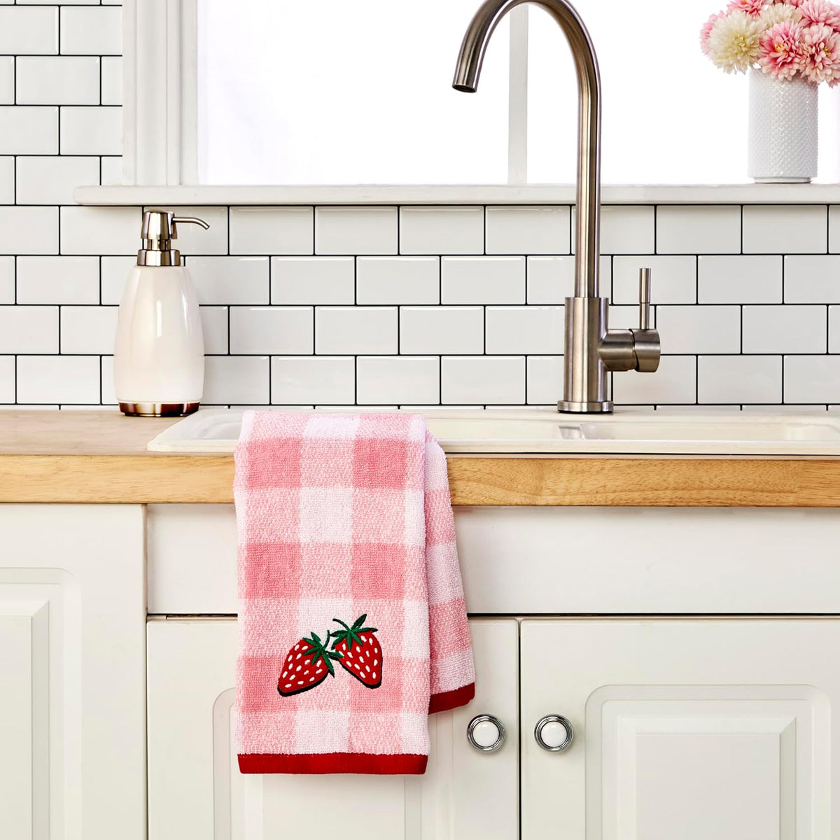 SKL Home Buffalo Plaid Strawberry Hand Towel Set-2pc, 100% Cotton, Pink