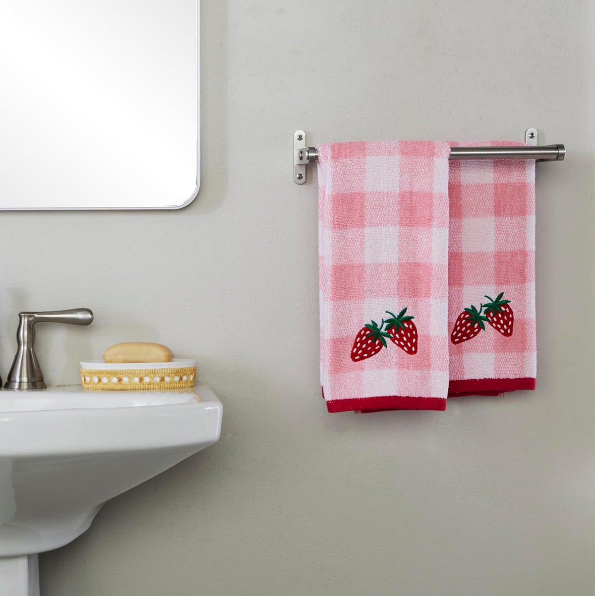 SKL Home Buffalo Plaid Strawberry Hand Towel Set-2pc, 100% Cotton, Pink