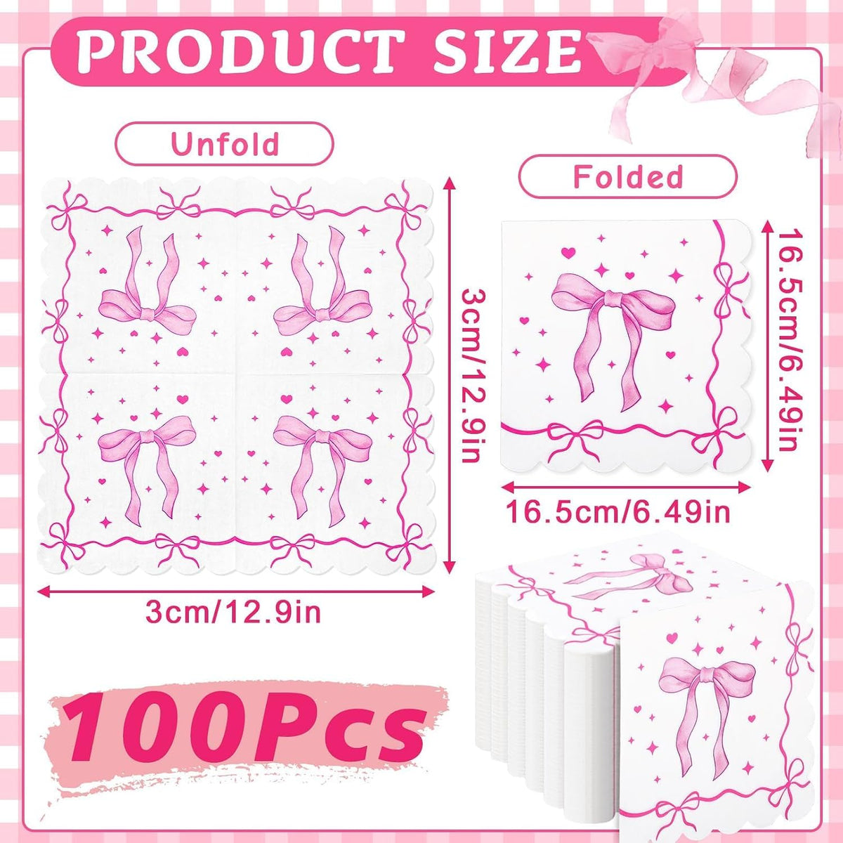 100 Pcs Pink Bow Napkins Coquette Bowknot Paper Party Supplies