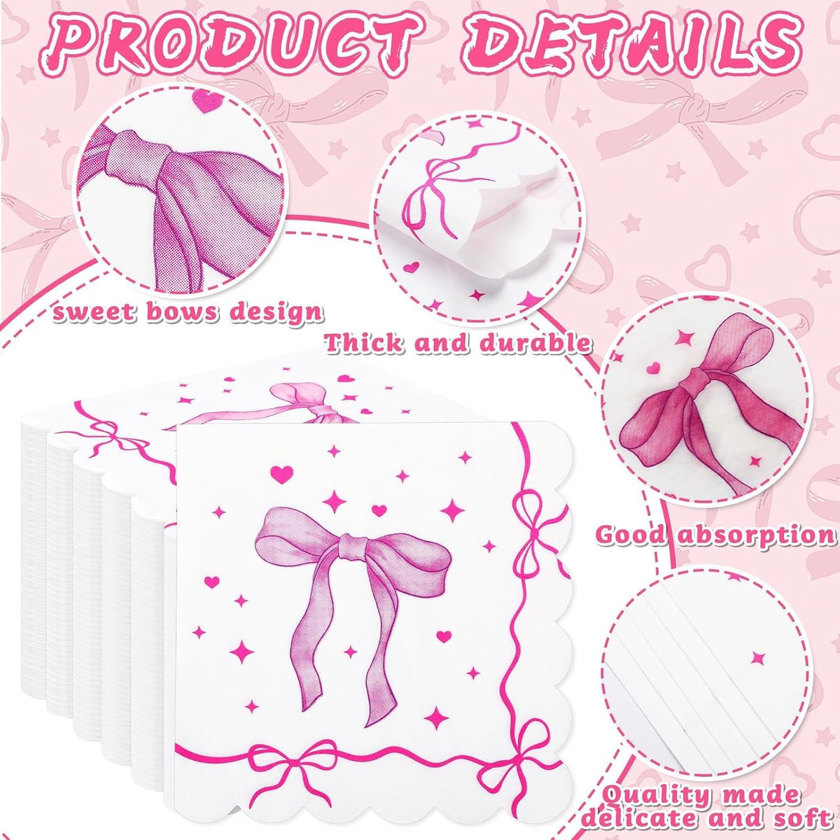 100 Pcs Pink Bow Napkins Coquette Bowknot Paper Party Supplies