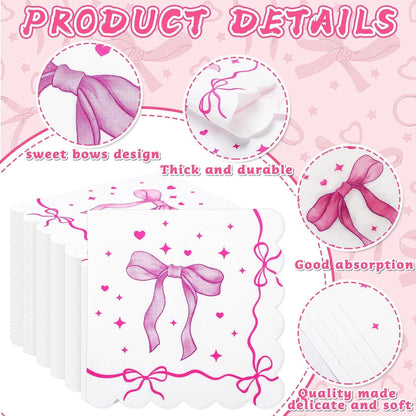 100 Pcs Pink Bow Napkins Coquette Bowknot Paper Party Supplies