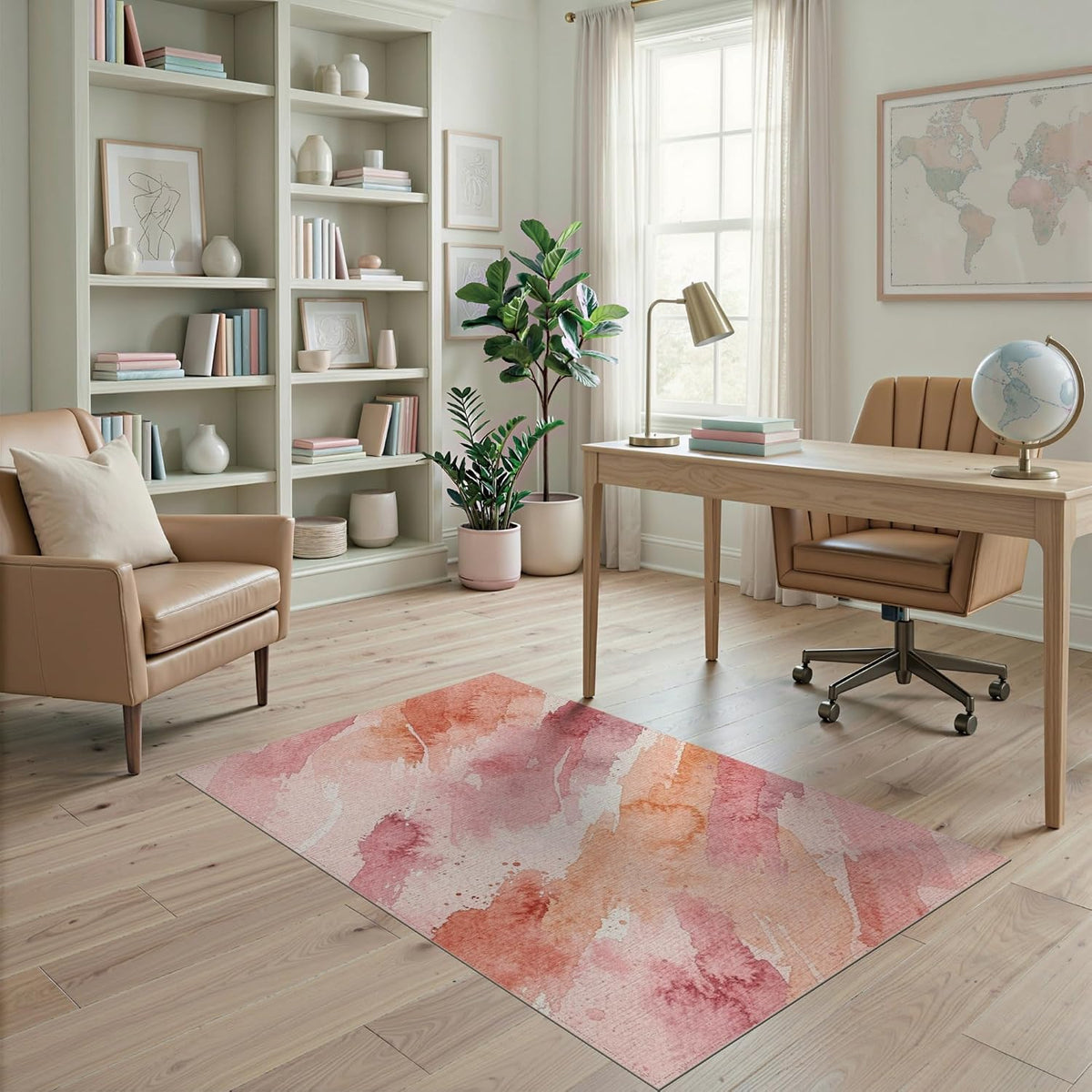 4'x6' Washable Watercolor Abstract Area Rug, Peach Flatwoven Floor Mat Non-Slip Chair-Friendly Carpet for Home Office, Gaming Room, Under Desk | Ref:2165436