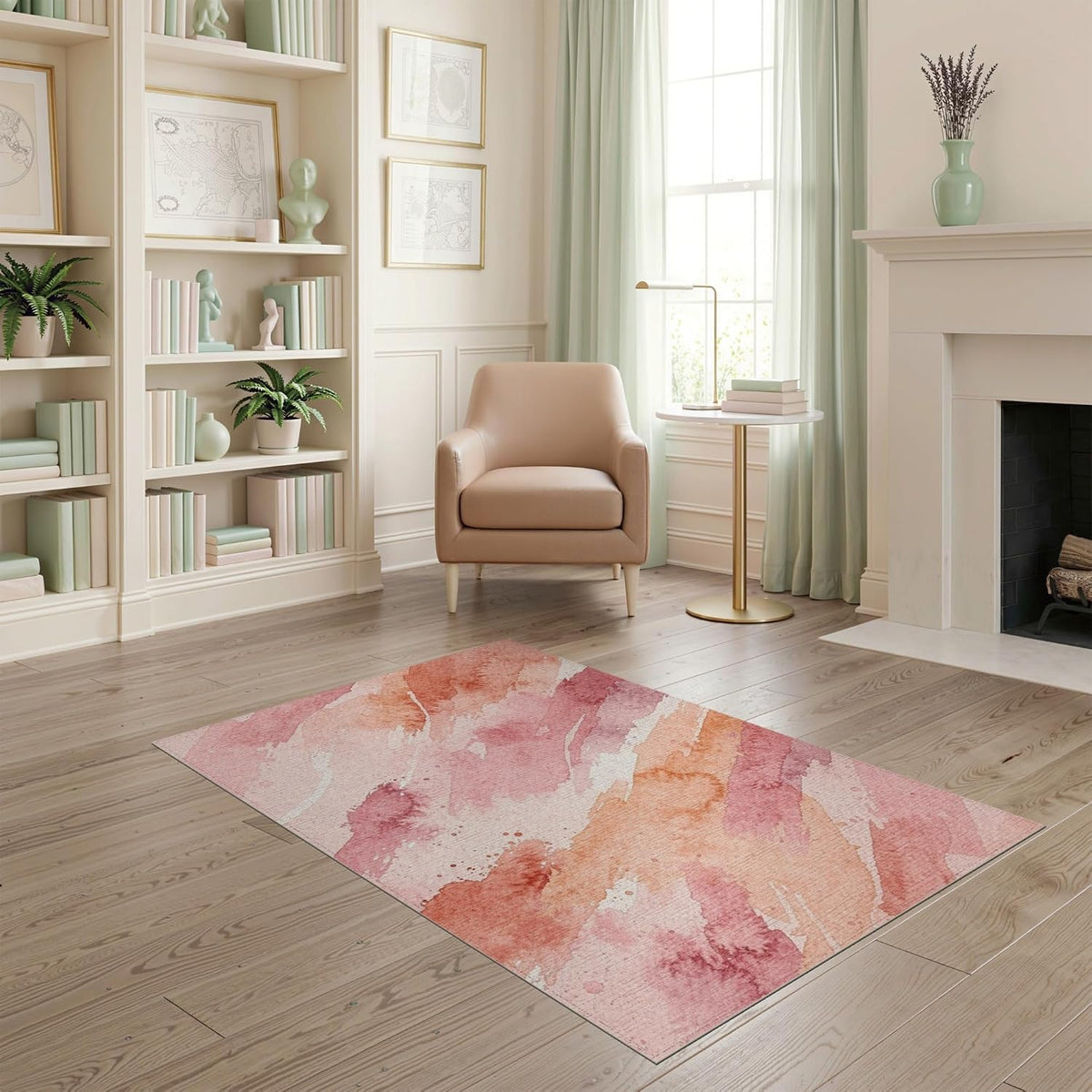 4'x6' Washable Watercolor Abstract Area Rug, Peach Flatwoven Floor Mat Non-Slip Chair-Friendly Carpet for Home Office, Gaming Room, Under Desk | Ref:2165436