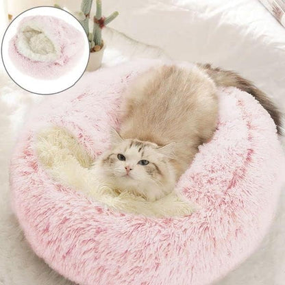 Round Fluffy Hooded Cat Bed Cave, Anti-Anxiety Cave Bed with Blanket