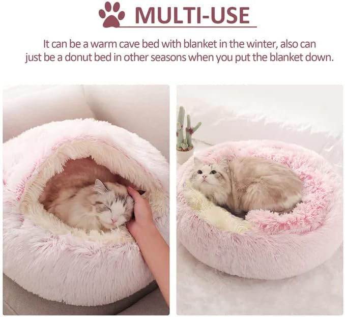 Round Fluffy Hooded Cat Bed Cave, Anti-Anxiety Cave Bed with Blanket