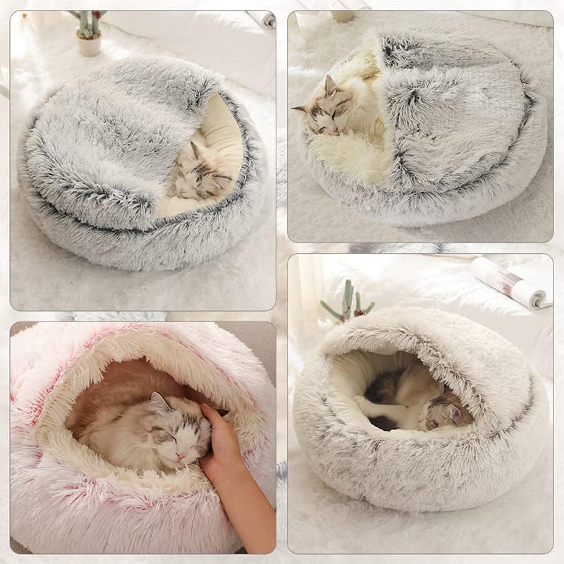 Round Fluffy Hooded Cat Bed Cave, Anti-Anxiety Cave Bed with Blanket